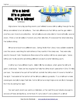 Blimps (Article) 4th Grade Reading Comprehension Worksheet