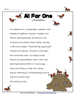 All for One (Poem) 4th Grade Reading Comprehension Worksheet