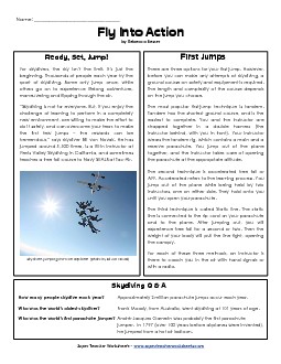 Skydiving: Dive Into Action 5th Grade Reading Comprehension Worksheet