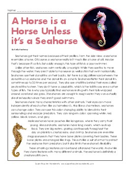 Seahorses 5th Grade Reading Comprehension Worksheet