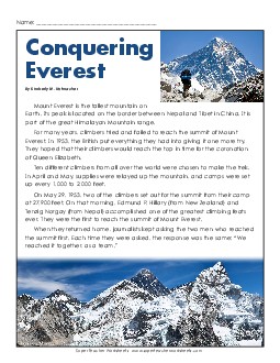 Conquering Everest 4th Grade Reading Comprehension Worksheet