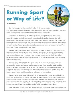 Running:  Sport or a Way of Life? (Article) 4th Grade Reading Comprehension Worksheet