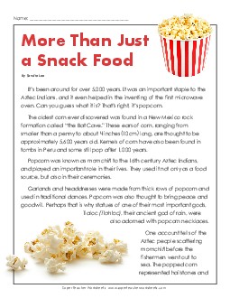 History of Popcorn (Article) 4th Grade Reading Comprehension Worksheet