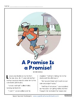 A Promise Is a Promise (Fiction) 4th Grade Reading Comprehension Worksheet