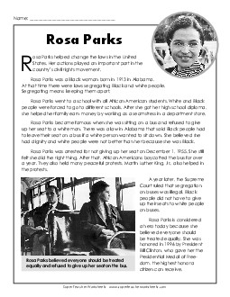 Rosa Parks 4th Grade Reading Comprehension Worksheet