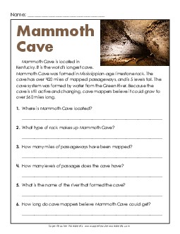 Mammoth Cave (Short) Reading Comprehension Worksheet