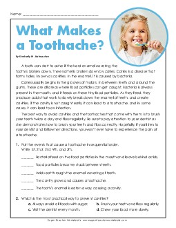 What Makes a Toothache? (Short) 4th Grade Reading Comprehension Worksheet