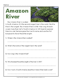 Amazon River (Short) Reading Comprehension Worksheet