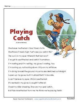 Playing Catch (Poem) 4th Grade Reading Comprehension Worksheet