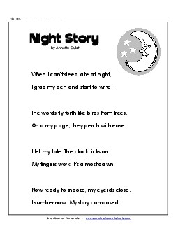 Night Story (Poem) 4th Grade Reading Comprehension Worksheet