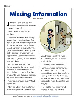 Missing Information 4th Grade Reading Comprehension Worksheet