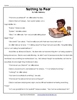 Nothing to Fear 4th Grade Reading Comprehension Worksheet