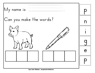 Build-a-Word: Pig & Pen Phonics Beginningsounds Worksheet