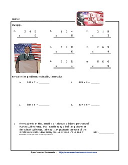 M.L.K. Math - Multiplication (3-Digit Numbers) Holiday Worksheet