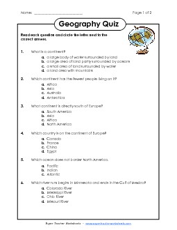 Geography Quiz - 12 Questions Worksheet