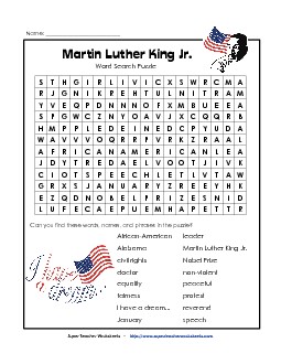 Martin Luther King Word Search Puzzle Holiday Worksheet