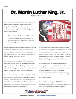 Martin Luther King Article (Higher Reading Level) 5th Grade Reading Comprehension Worksheet