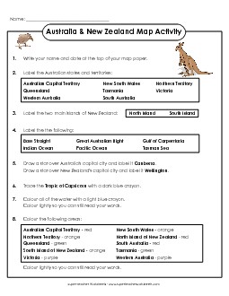 Australia & NZ Map with Directions Worksheet