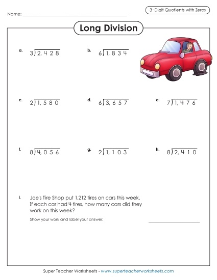 3-Digit Quotients with Zero Division Worksheet