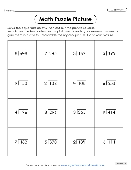 Long Division - Skier Picture Puzzle Winter Worksheet