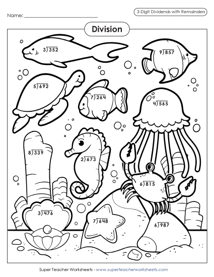 Sea Animal Division Picture (w/ Remainders) Free Worksheet