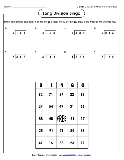 Bingo:  3-Digit Dividends (No Remainders) Free Division Worksheet