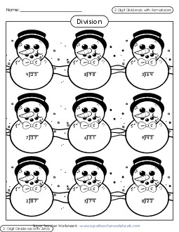 Snowman Division - 1 and 2-digit Quotients Worksheet