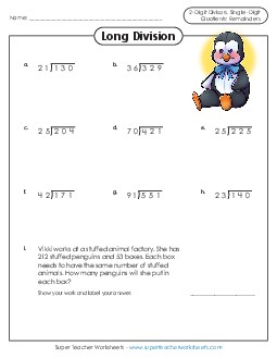 2-Digit Divisors (Remainders) Division Worksheet