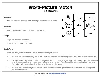 Word-Picture Match - /x/, /y/, and /z/ Words Phonics Beginningsounds Worksheet