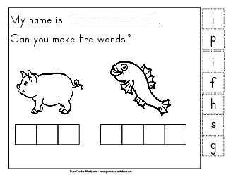 Build-a-Word: Pig & Fish Free Phonics Vowels Worksheet