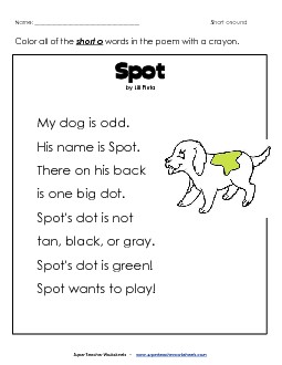 Short O Poem: "Spot" Phonics Worksheet