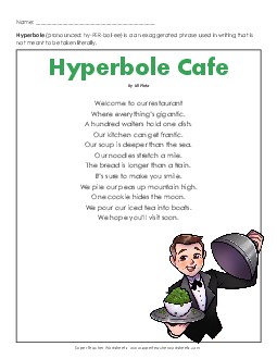 Hyperbole Cafe (Poem) Free 5th Grade Reading Comprehension Worksheet