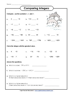 Comparing Integers Free Worksheet