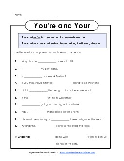 Your and You're Homophones Worksheet