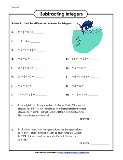 Subtracting Integers Worksheet