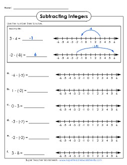 Subtracting Integers - Number Lines 2 Worksheet