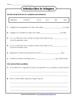 Integer Questions (Basic) Integers Worksheet