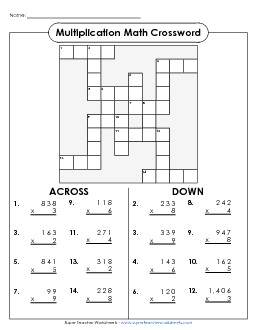 Multiplication Crossword: 3-Digit by 1-Digit Worksheet