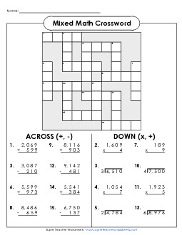 Math Crossword - Add, Subt, Mult, Div Division Worksheet