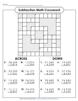 Subtraction Crossword (4 and 5-Digit) Worksheet