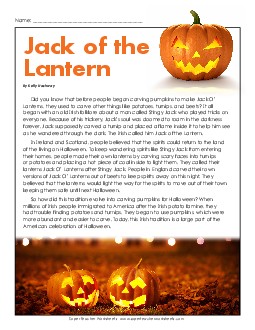 Jack of the Lantern  Reading Comprehension Worksheet