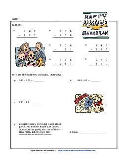 3-Digit Subtraction - Hanukkah Worksheet