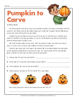 Tim's Pumpkin  Reading Comprehension Worksheet