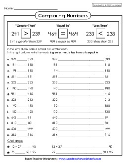 Comparing 3-Digit Numbers Place Value Worksheet