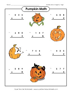 Pumpkin Math Multiplication (3-Digits x 1 Digit) Worksheet