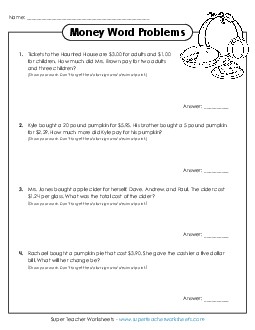 Halloween Word Problems (Add and Subtract Money) Math Worksheet