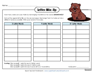 Groundhog Letter Mix (Intermediate) Groundhog Day Worksheet