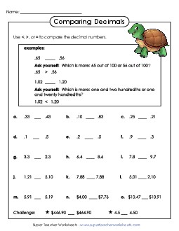 Compare Decimals Worksheet