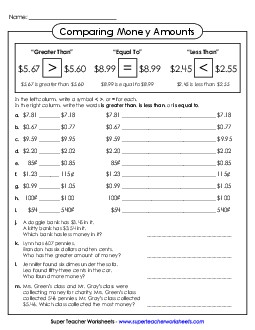 More Practice Comparing Money Place Value Worksheet