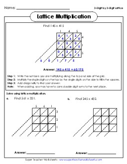 Lattice Multiplication : 3 digits by 3 digits Worksheet